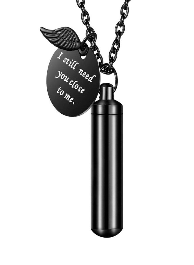 abooxiu Cylinder Urn Necklace for Ashes Cremation Jewelry/Keychain for human Pet Stainless Steel Memorial Keepsake Pendant with Angel Wing Charm Ashes Jewelry-Black M - Image 1